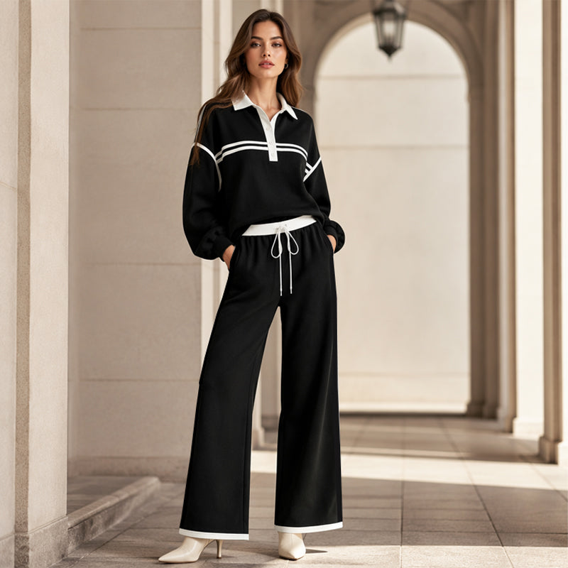 Women's Stripe Patchwork Sweatshirt & Wide-Leg Pants Set