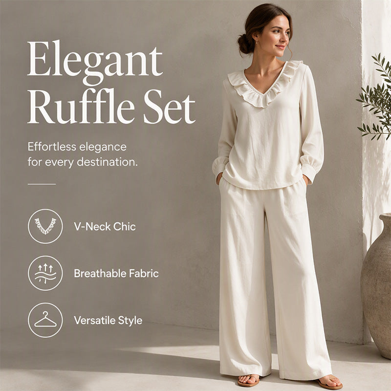 Women's Resort Style V-Neck 2-Piece Outfit Loose Long Sleeve Top Wide Leg Pants Set
