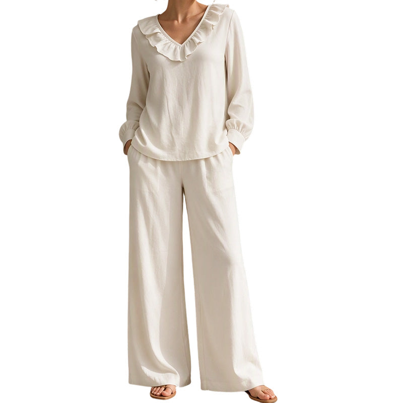 Women's Resort Style V-Neck 2-Piece Outfit Loose Long Sleeve Top Wide Leg Pants Set