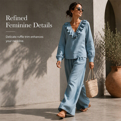 Women's Resort Style V-Neck 2-Piece Outfit Loose Long Sleeve Top Wide Leg Pants Set