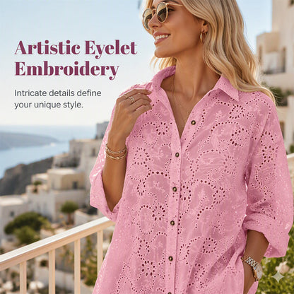Women's Hollow Out Eyelet Lace Burnout Short-Sleeve Shirt