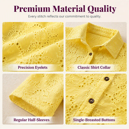 Women's Hollow Out Eyelet Lace Burnout Short-Sleeve Shirt