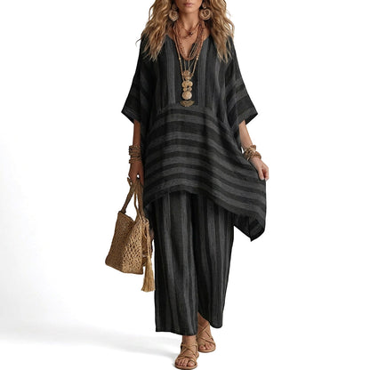 Women's Loose V-Neck Striped 2-Piece Casual Set