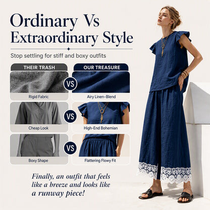 Women's Summer Ruffle Sleeve Top & Lace Hem Pants Set