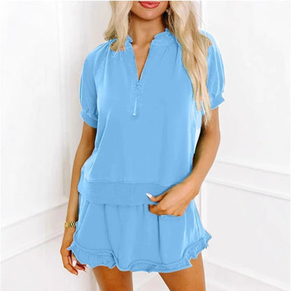 Women's 2-Piece Outfits Zip T-Shirt & Frill Hem Shorts