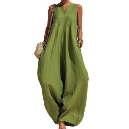 Women's Sleeveless V-Neck Wide-Leg Jumpsuit with Pockets