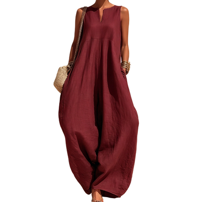Women's Sleeveless V-Neck Wide-Leg Jumpsuit with Pockets