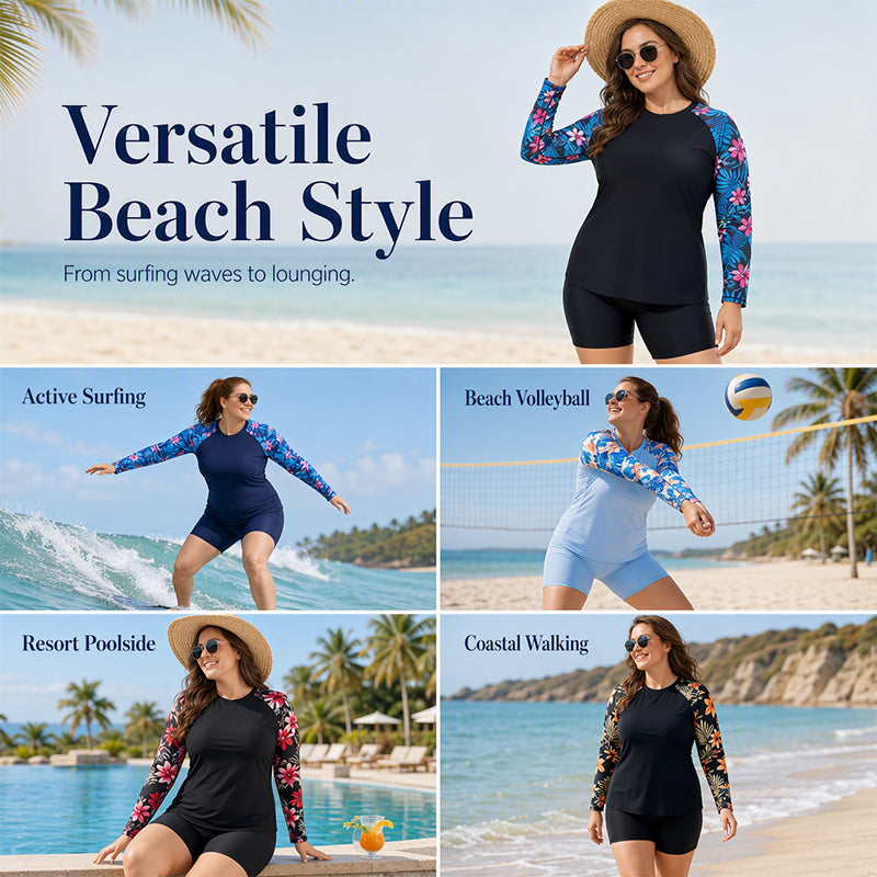 Women's Plus Size Long Sleeve Swimsuit with Shorts