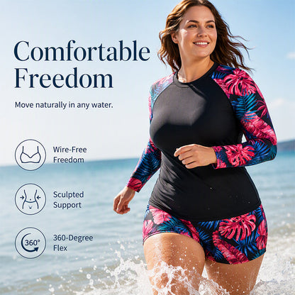 Women's Plus Size Long Sleeve Swimsuit with Shorts