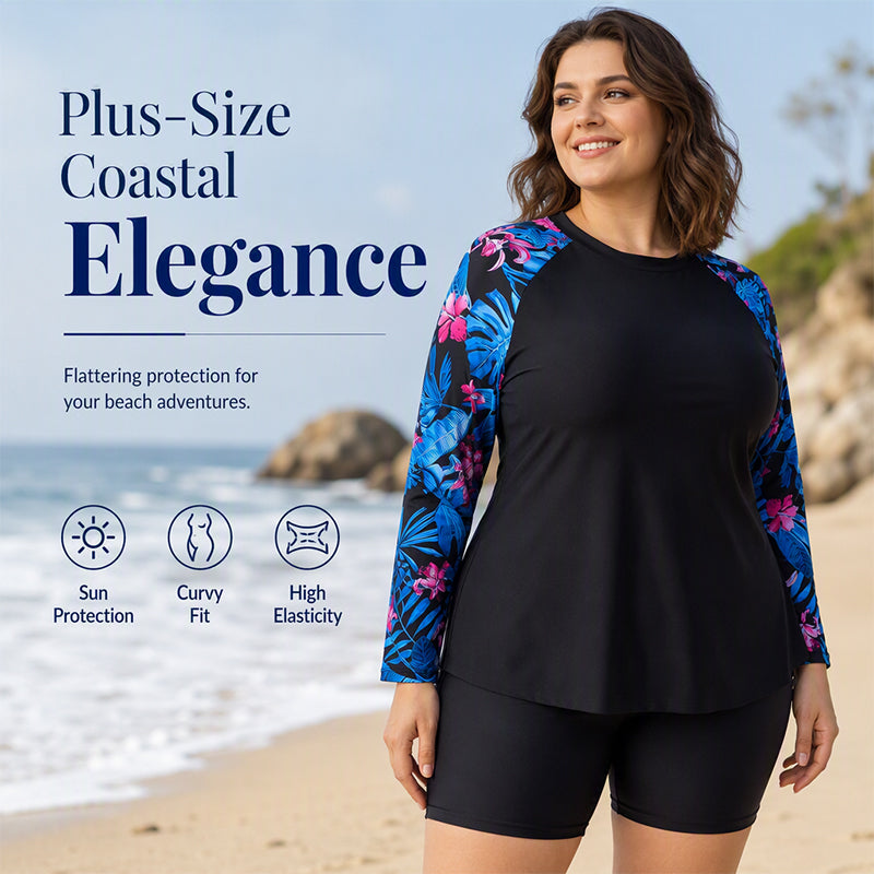 Women's Plus Size Long Sleeve Swimsuit with Shorts