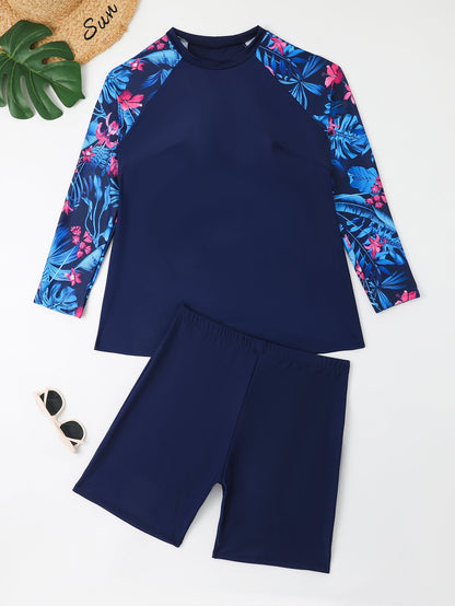Women's Plus Size Long Sleeve Swimsuit with Shorts