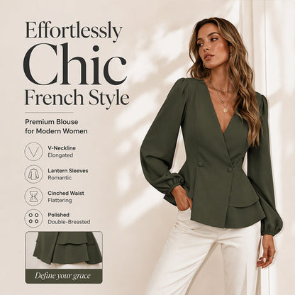 Women's V-Neck Lantern Sleeve Peplum Blouse