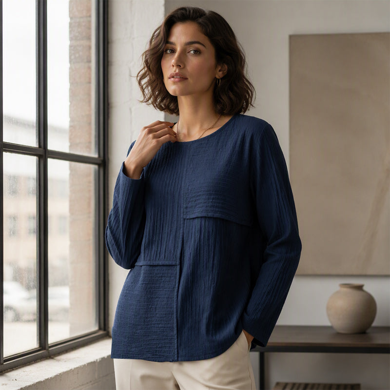 Women's Crewneck Textured Patchwork Top