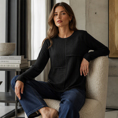 Women's Crewneck Textured Patchwork Top