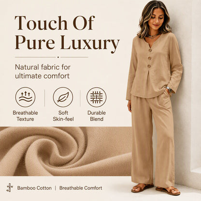 Women's V-Neck Long Sleeve Top & Wide-Leg Pants Set