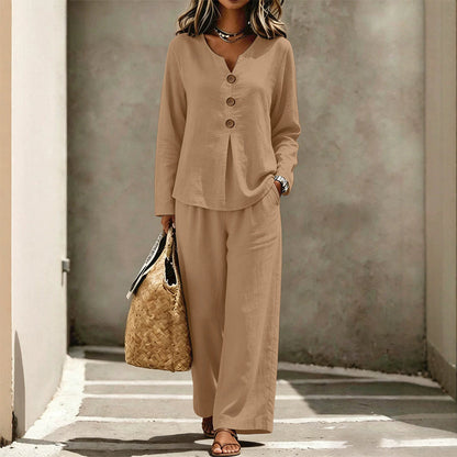 Women's V-Neck Long Sleeve Top & Wide-Leg Pants Set