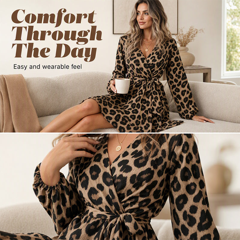 Women's Leopard Print V-Neck Ruffle Dress with Waist Tie