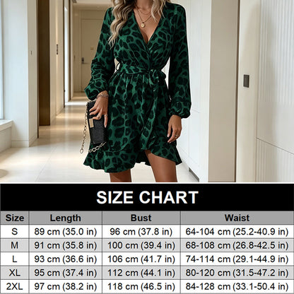Women's Leopard Print V-Neck Ruffle Dress with Waist Tie