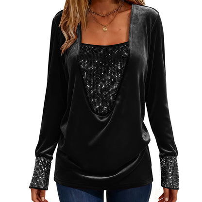 Women's Elegant Sequin Patchwork Long Sleeve Top