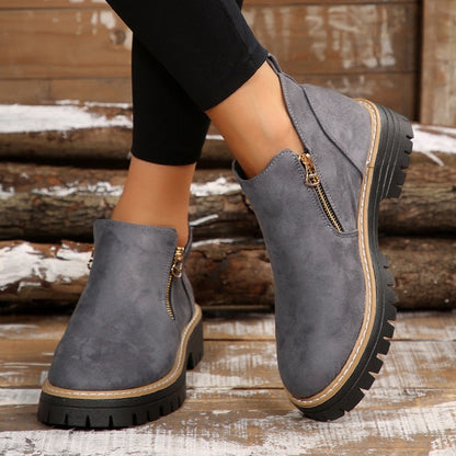 Women's Round-Toe Ankle Boots with Side Zipper