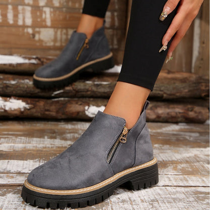 Women's Round-Toe Ankle Boots with Side Zipper