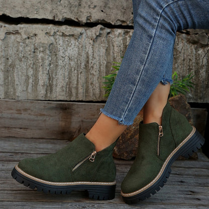 Women's Round-Toe Ankle Boots with Side Zipper