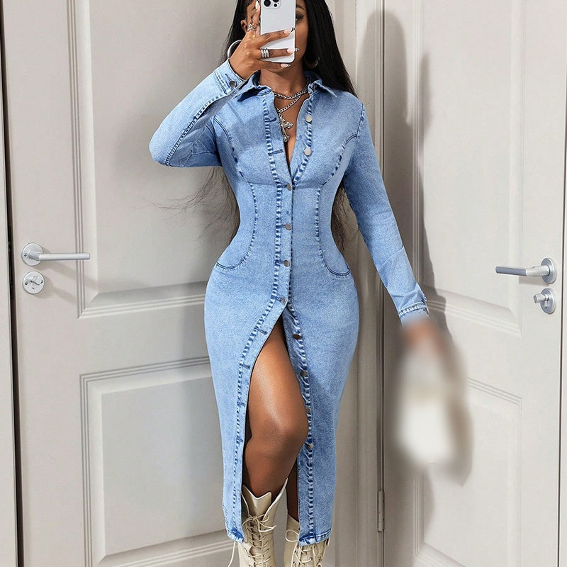 Long Sleeve Button-Down Denim Midi Dress