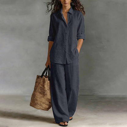 Women's Casual Shirt & Wide-Leg Pants Set