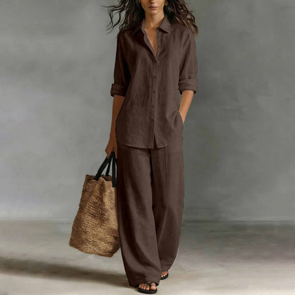 Women's Casual Shirt & Wide-Leg Pants Set