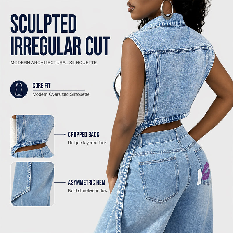 Women Sleeveless High Slit Denim Vest Dress Longline Jean Jacket
