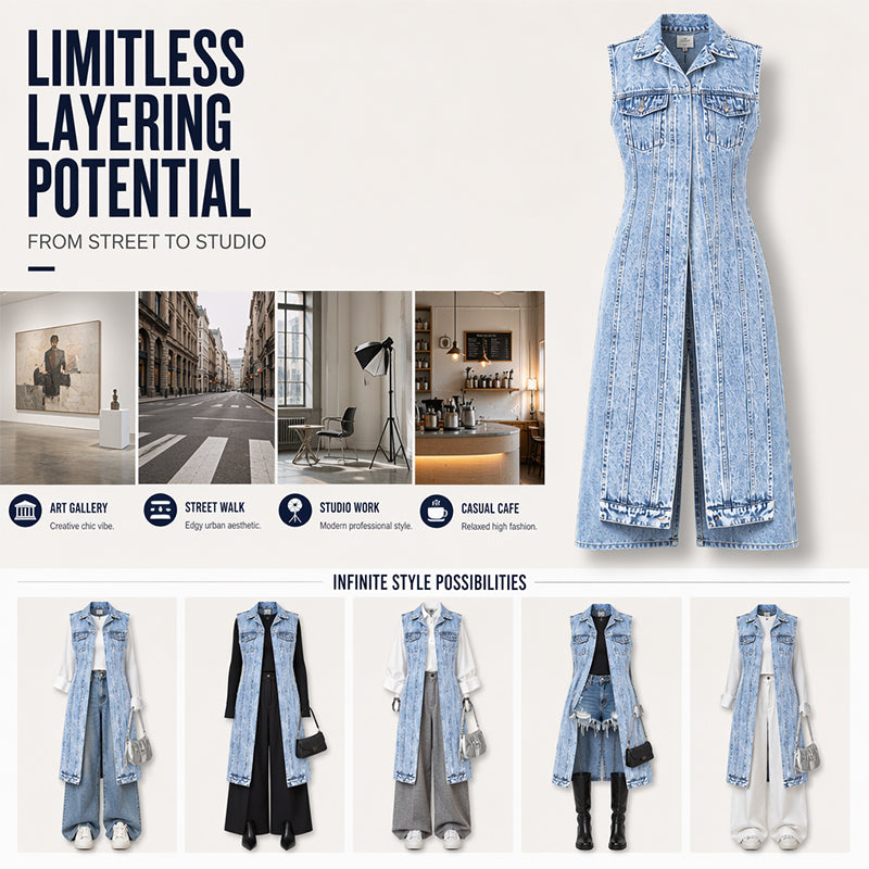 Women Sleeveless High Slit Denim Vest Dress Longline Jean Jacket