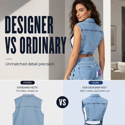 Women Sleeveless High Slit Denim Vest Dress Longline Jean Jacket