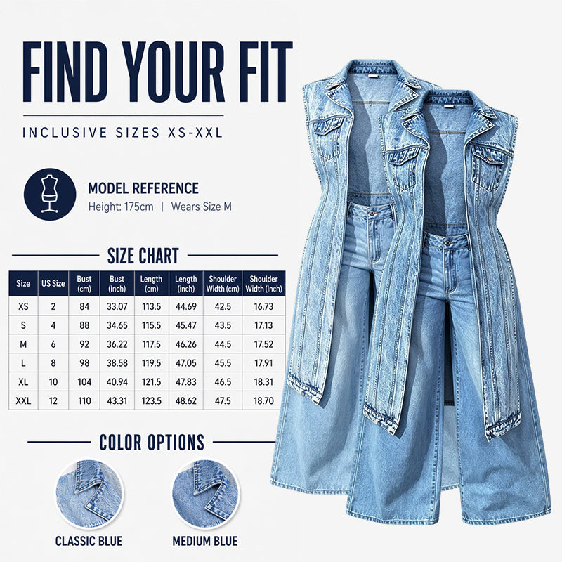 Women Sleeveless High Slit Denim Vest Dress Longline Jean Jacket