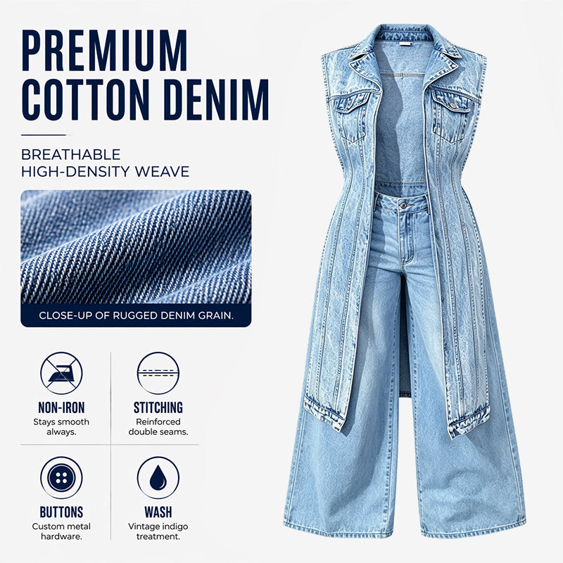 Women Sleeveless High Slit Denim Vest Dress Longline Jean Jacket