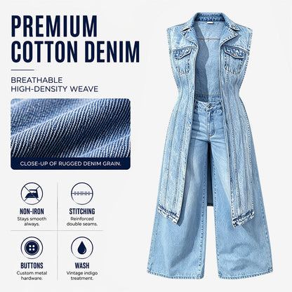 Women Sleeveless High Slit Denim Vest Dress Longline Jean Jacket
