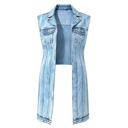 Women Sleeveless High Slit Denim Vest Dress Longline Jean Jacket