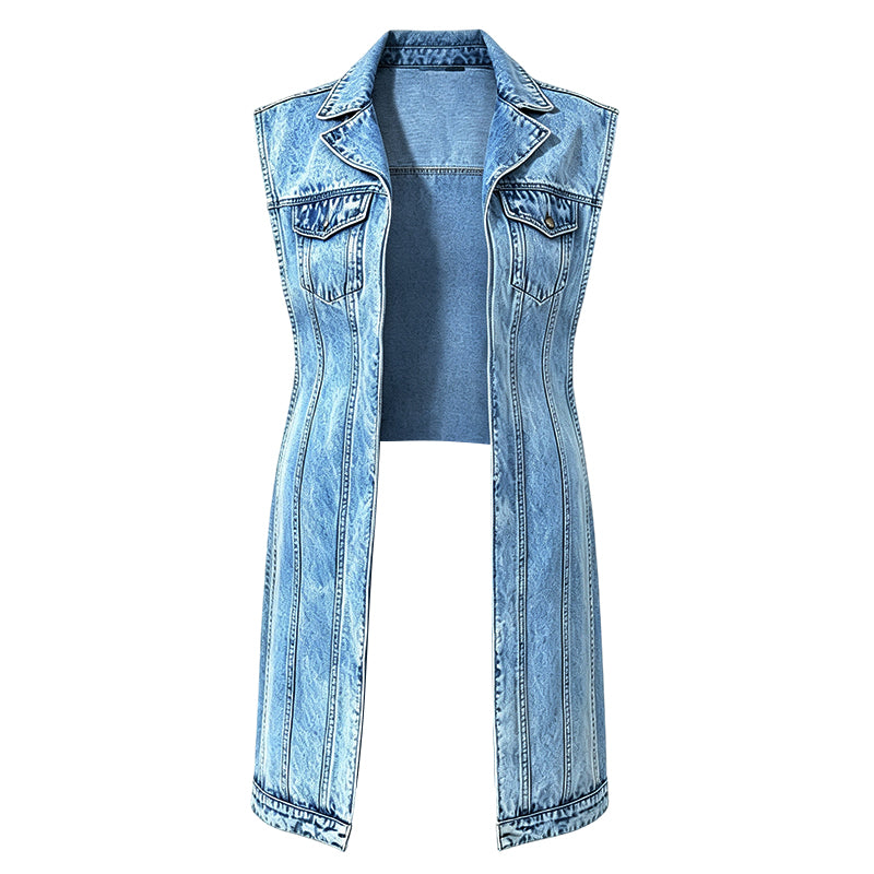Women Sleeveless High Slit Denim Vest Dress Longline Jean Jacket