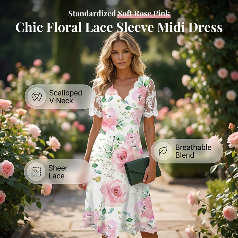 Women's Floral Print Lace Sleeve Dress