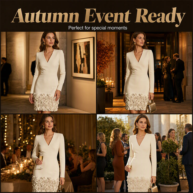 Women's Elegant V-Neck Long Sleeve Dress