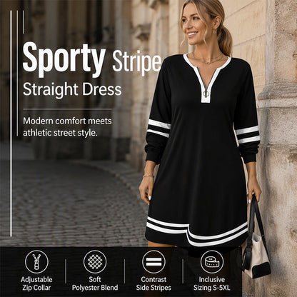 Women's Casual Striped Half-Zip Long Sleeve Dress
