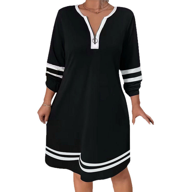 Women's Casual Striped Half-Zip Long Sleeve Dress