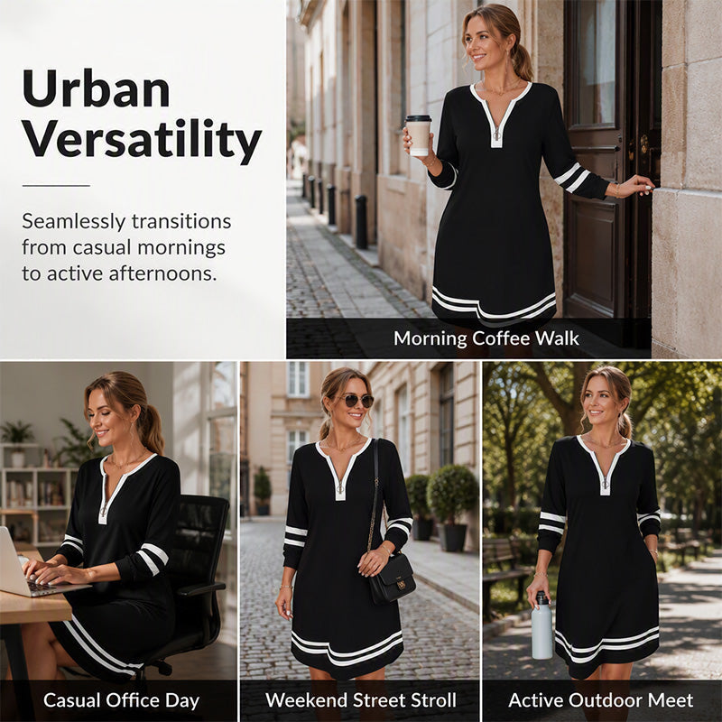 Women's Casual Striped Half-Zip Long Sleeve Dress