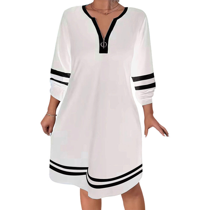 Women's Casual Striped Half-Zip Long Sleeve Dress