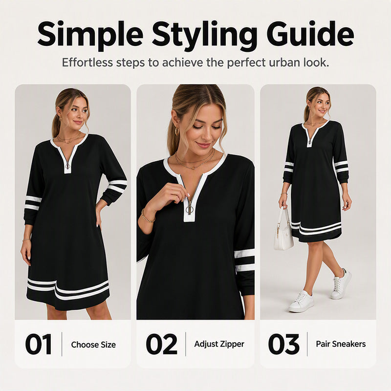 Women's Casual Striped Half-Zip Long Sleeve Dress