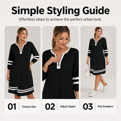 Women's Casual Striped Half-Zip Long Sleeve Dress