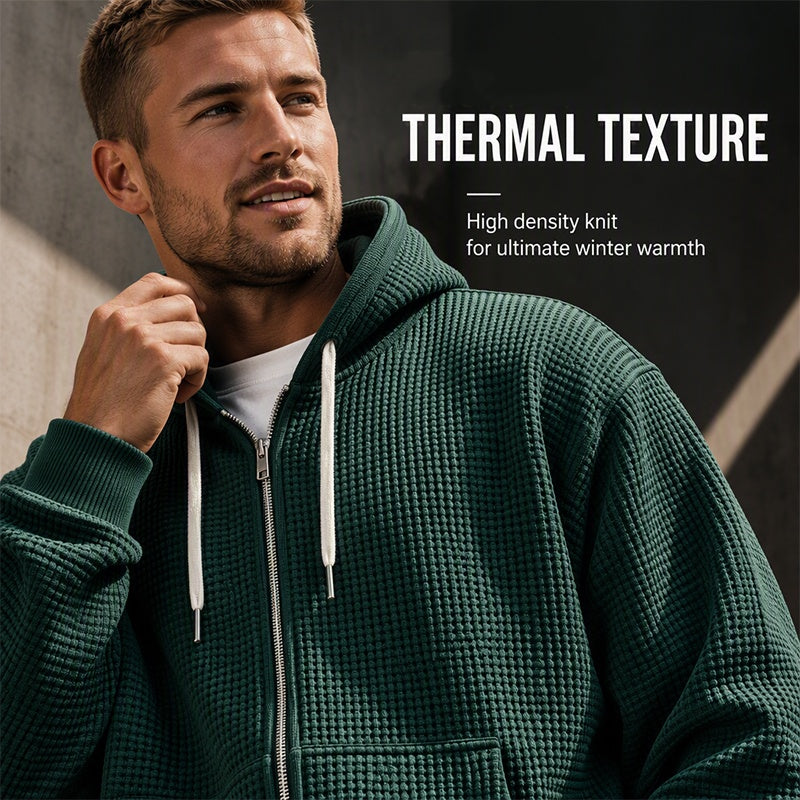 Men's Full -Zip Waffle Knit Hooded Sweatshirt