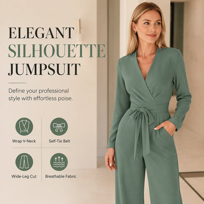 Women's Long Sleeve V-Neck Jumpsuit with Belt
