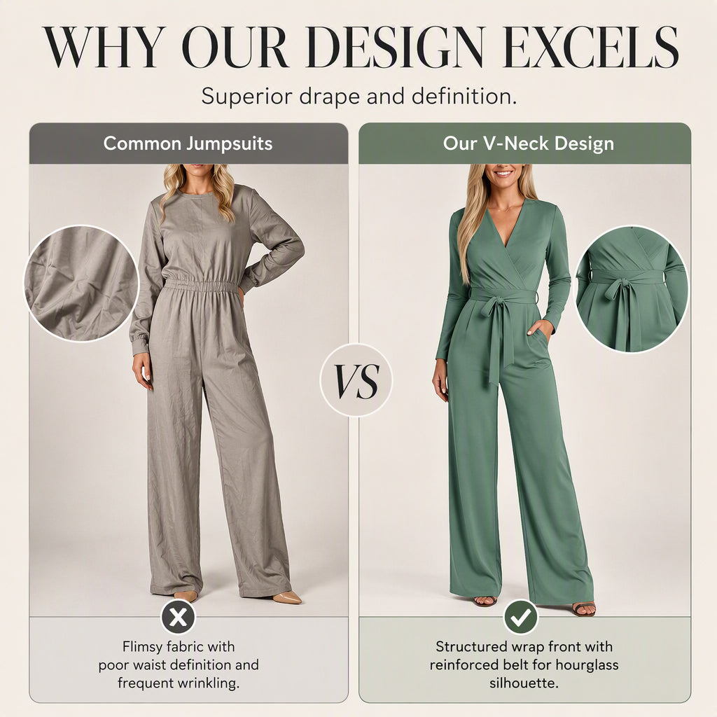 Women's Long Sleeve V-Neck Jumpsuit with Belt