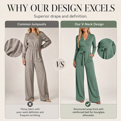 Women's Long Sleeve V-Neck Jumpsuit with Belt