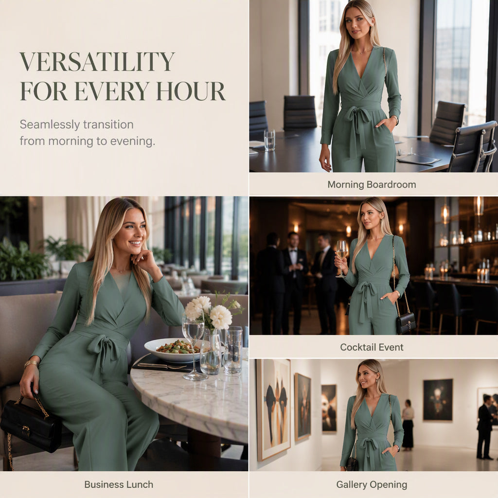 Women's Long Sleeve V-Neck Jumpsuit with Belt